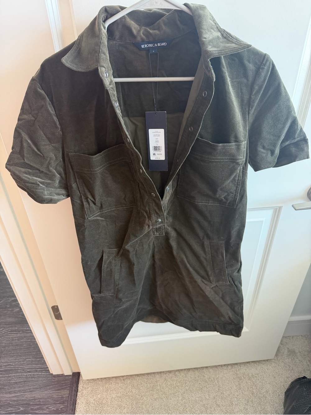 Veronica Beard Short-Sleeve Utility Mini Dress in Olive